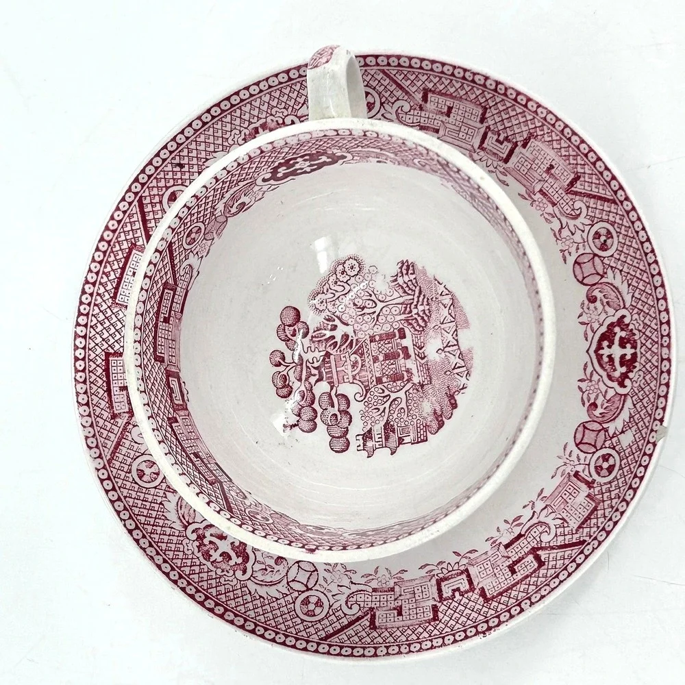 Societe Ceramique Maastricht Pink Red Willow Tea Cup & Saucer Set Holland VTG